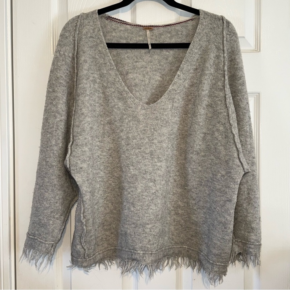 FREE PEOPLE Wool Linen Oversized Pullover Sweater Fringe Grey XS